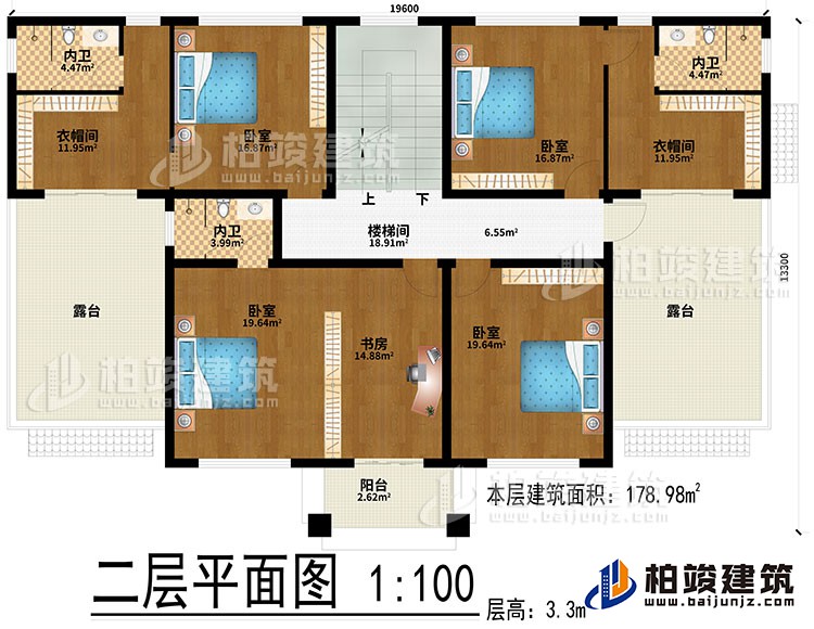 二层：楼梯间、4卧室、书房、2衣帽间、3内卫、2露台、阳台