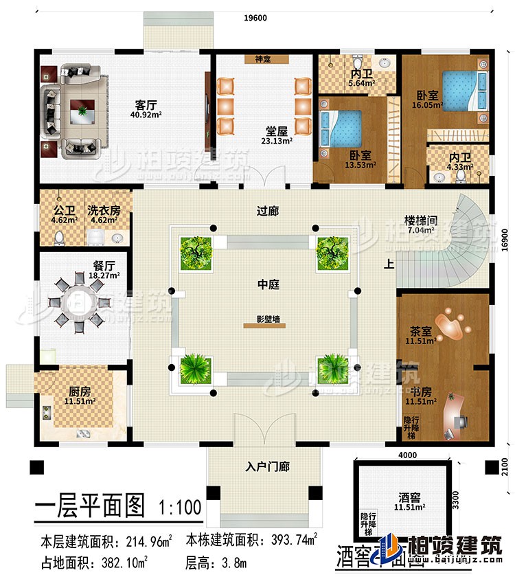 一层：入户门廊、厨房、餐厅、客厅、堂屋、神龛、茶室、书房、2卧室、洗衣房、公卫、2内卫、隐行升降梯、酒窖、中庭、过廊、楼梯间
