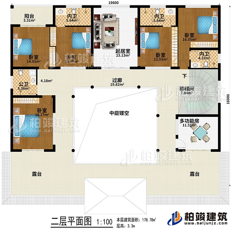 二层：起居室、中庭、过廊、楼梯间、5卧室、公卫、3内卫、2露台、阳台、多功能房