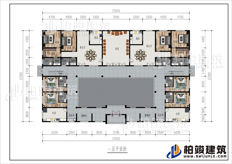 一层：2储物间、2洗衣间、2灶房、8卧室、2衣帽间、2公卫、6内卫、2厨房、2宴会厅、堂屋