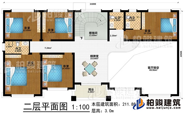 二层：棋牌室、楼梯间、5卧室、2内卫、公卫、客厅挑空、阳台