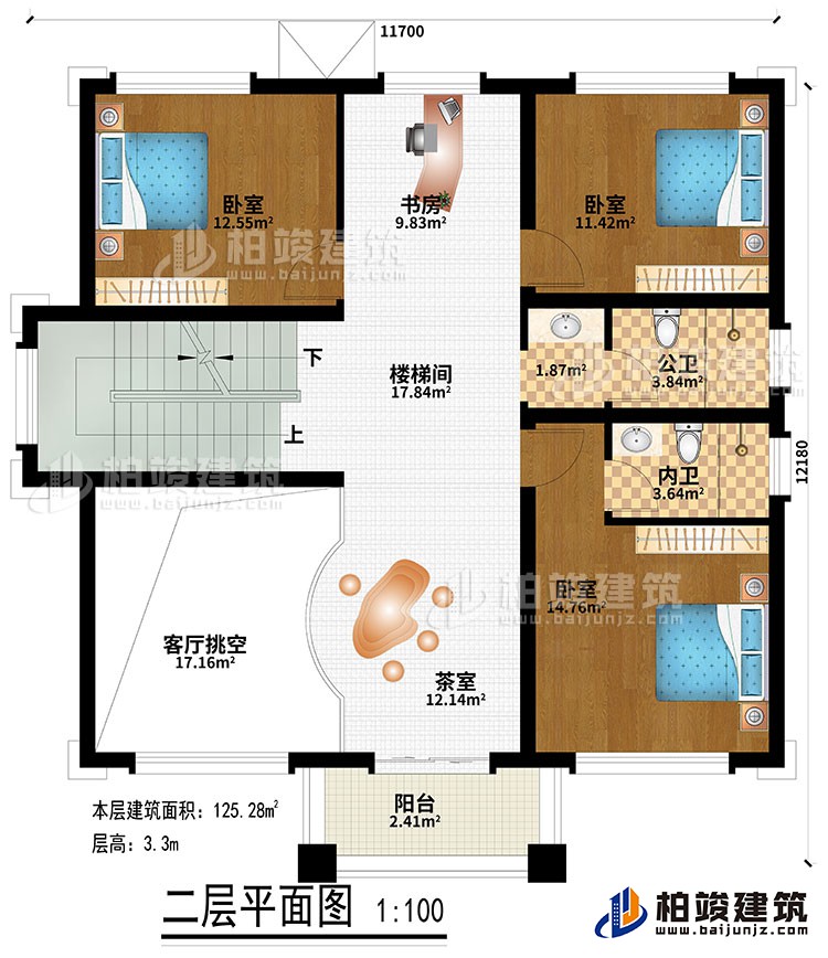 二层：楼梯间、书房、茶室、客厅挑空、3卧室、公卫、内卫、阳台