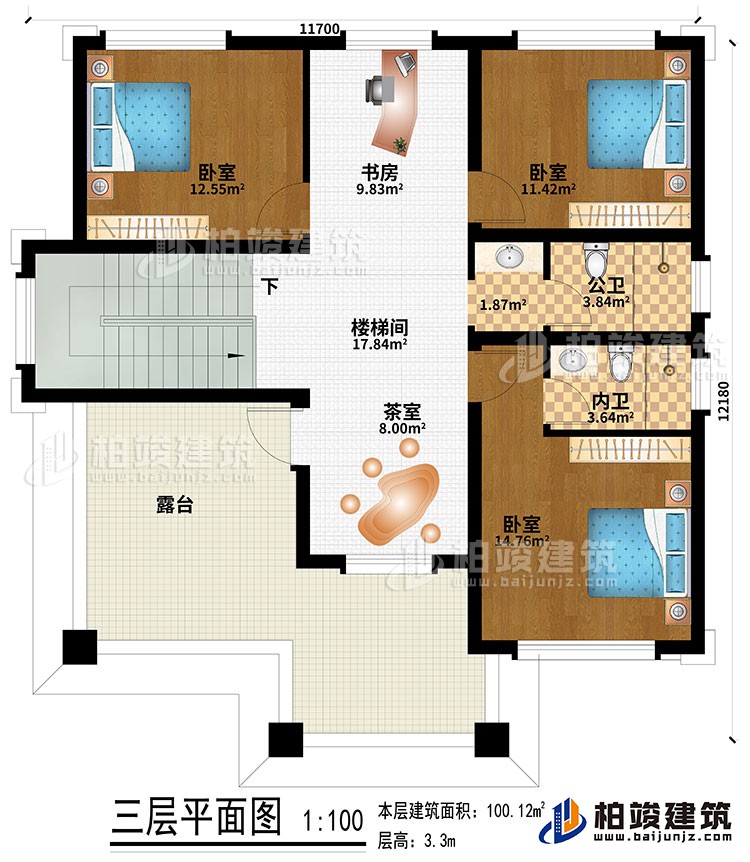 三层：楼梯间、书房、茶室、3卧室、公卫、内卫、露台