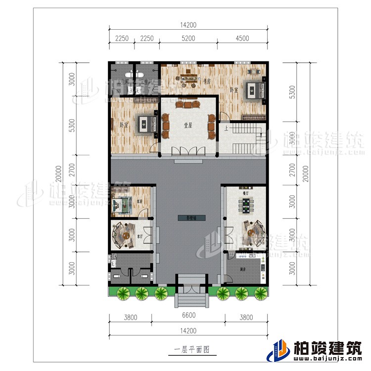 一层：厨房、2客厅、餐厅、公卫、3卧室、影壁墙、堂屋、书房、2内卫