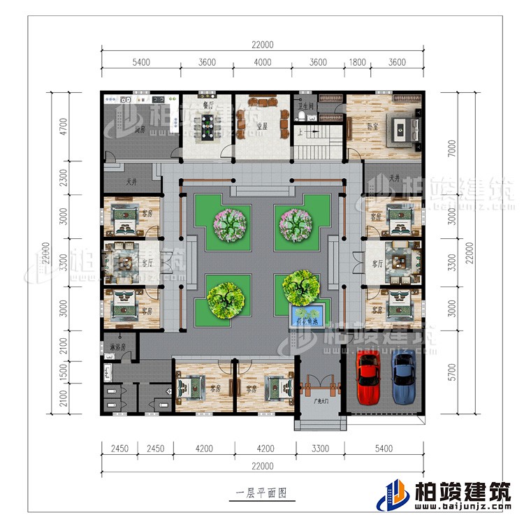 一层：广亮大门、车库、书房、公卫、7卧室、2客厅、餐厅、厨房、堂屋、2天井、内卫、荷花鱼池