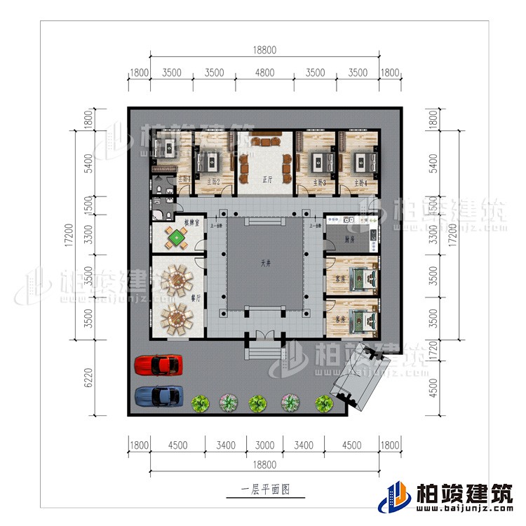 一层：车库、餐厅、棋牌室、厨房、正厅、6卧室、公卫、内卫