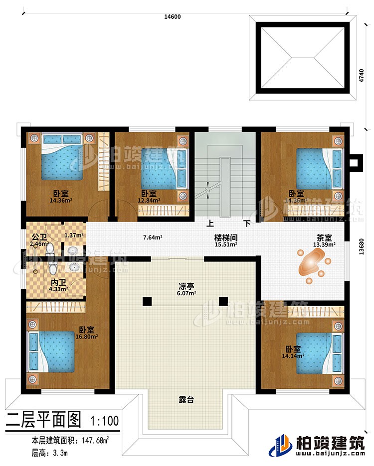 二层：楼梯间、茶室、凉亭、5卧室、公卫、内卫、露台