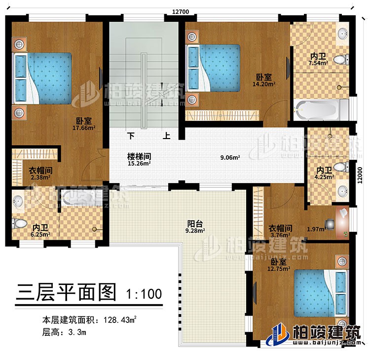 三层：楼梯间、3卧室、2衣帽间、3内卫、阳台