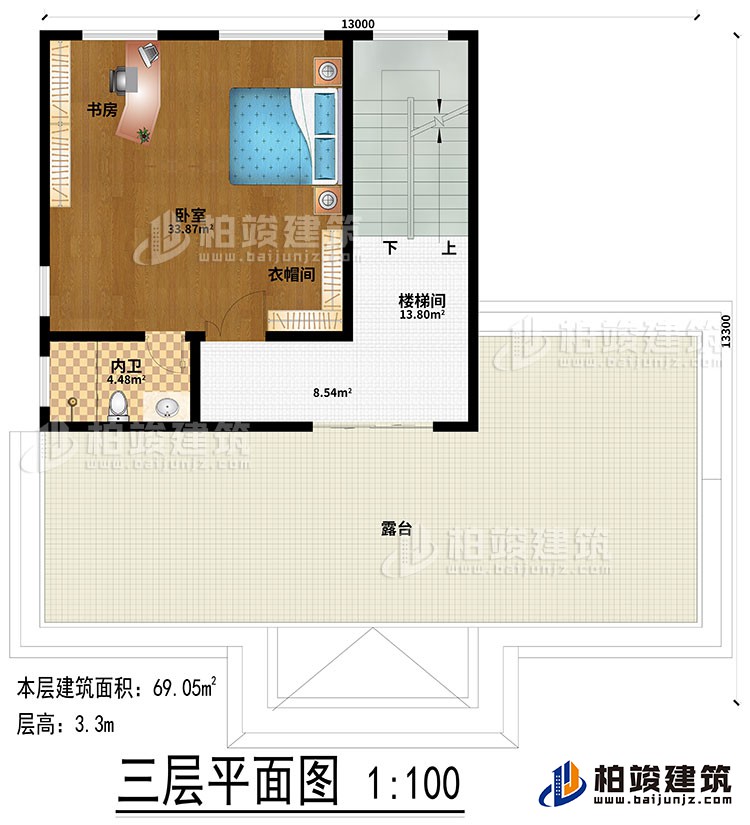 三层：楼梯间、卧室、衣帽间、内卫、书房、露台