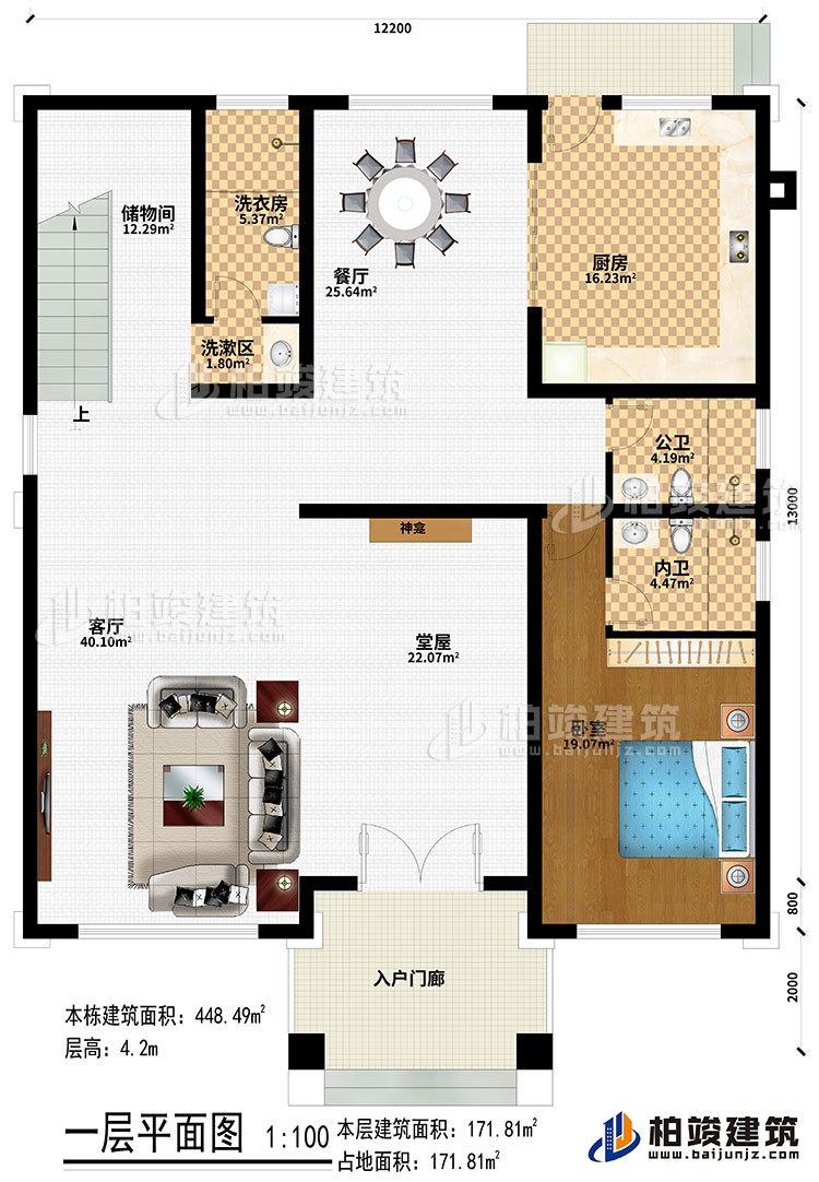 一层：入户门廊、堂屋、神龛、客厅、餐厅、厨房、卧室、公卫、内卫、洗漱区、洗衣房、储物间