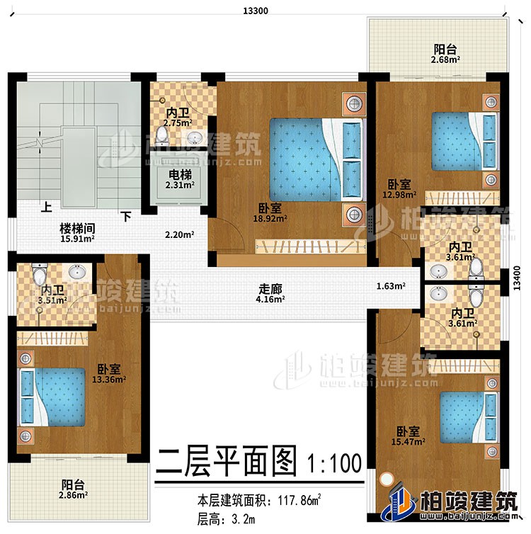 二层：走廊、4卧室、4内卫、2阳台、楼梯间、电梯