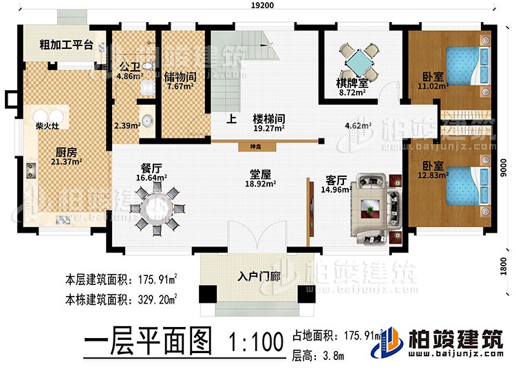 一层：入户门廊、堂屋、神龛、客厅、餐厅、厨房、柴火灶、粗加工平台、储物间、楼梯间、棋牌室、2卧室、公卫