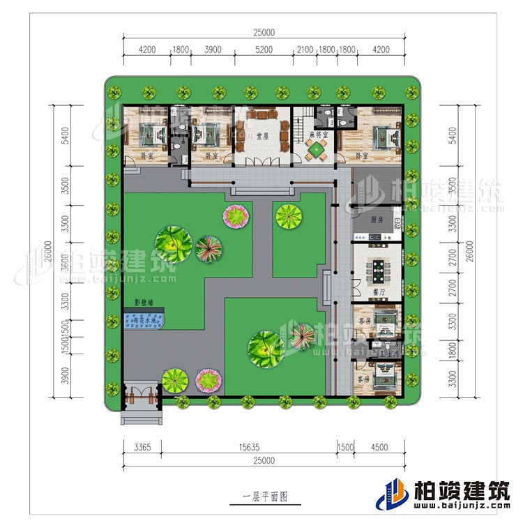 一层：影壁墙、花园、堂屋、厨房、餐厅、5卧室、2公卫、2内卫、麻将室