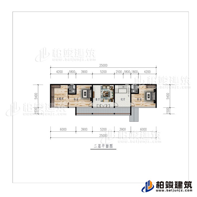 二层：过厅、客厅、衣帽间、2卧室