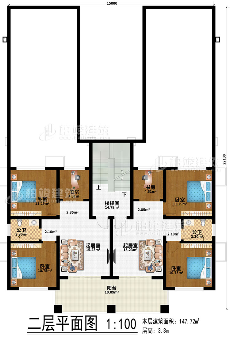 二层：2起居室、2书房、4卧室、2公卫、楼梯间、阳台
