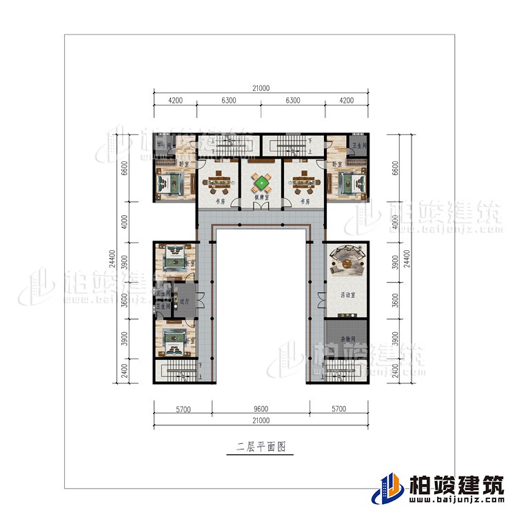 二层：棋牌室、2书房、活动室、杂物间、4卧室、4内卫、过廊