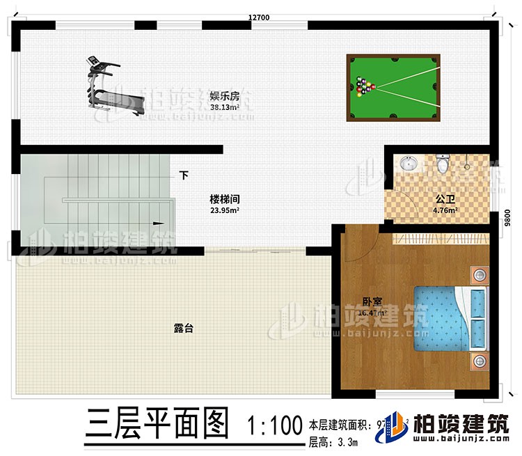 三层：娱乐室、楼梯间、公卫、卧室、露台