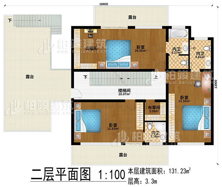 二层：楼梯间、3卧室、衣帽间、布草间、3内卫、3露台