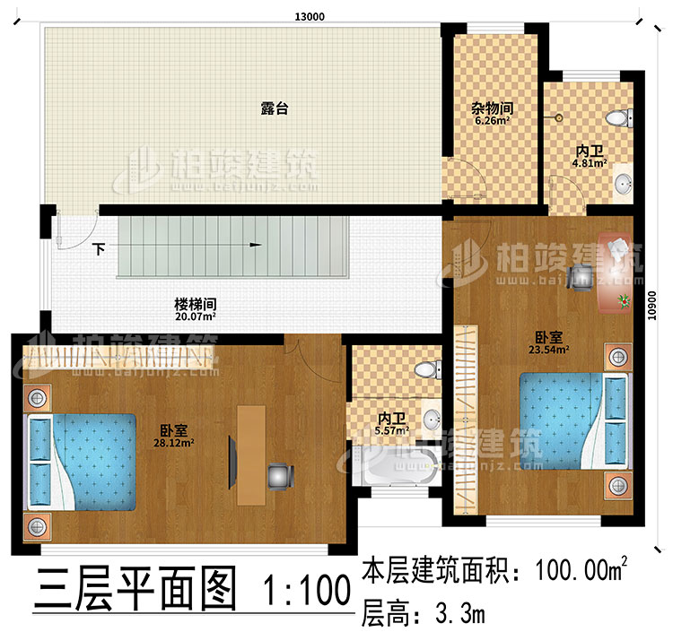三层：2卧室、楼梯间、露台、2内卫、杂物间
