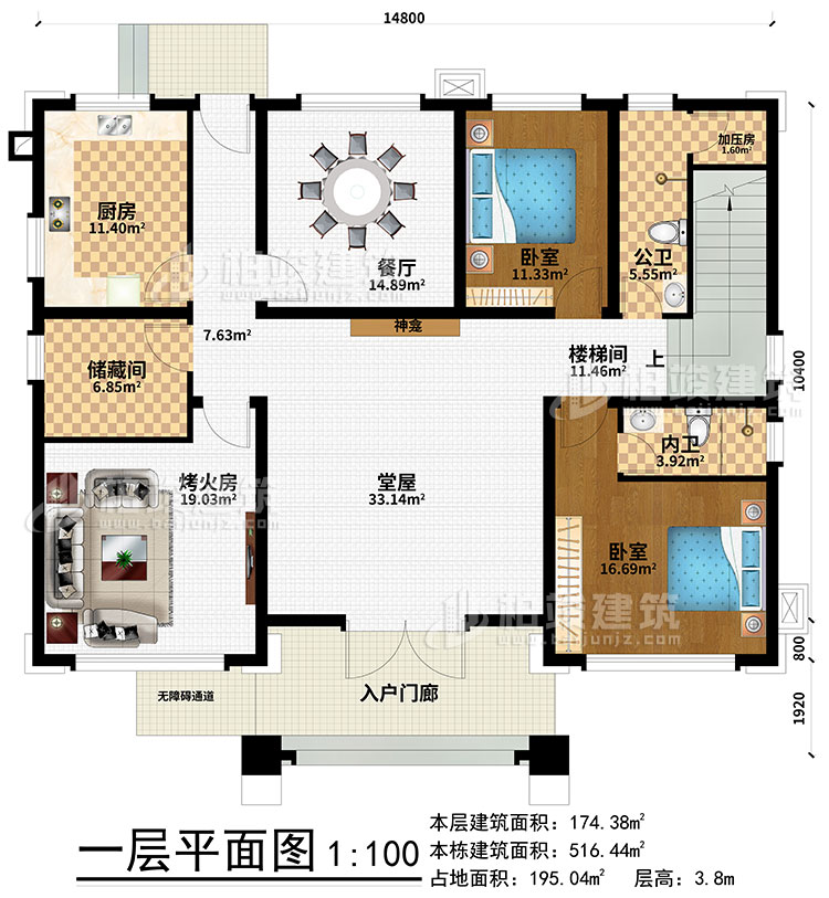 一层：入户门廊、无障碍通道、厨房、餐厅、储藏间、烤火房、公卫、加压房、楼梯间、2卧室、内卫