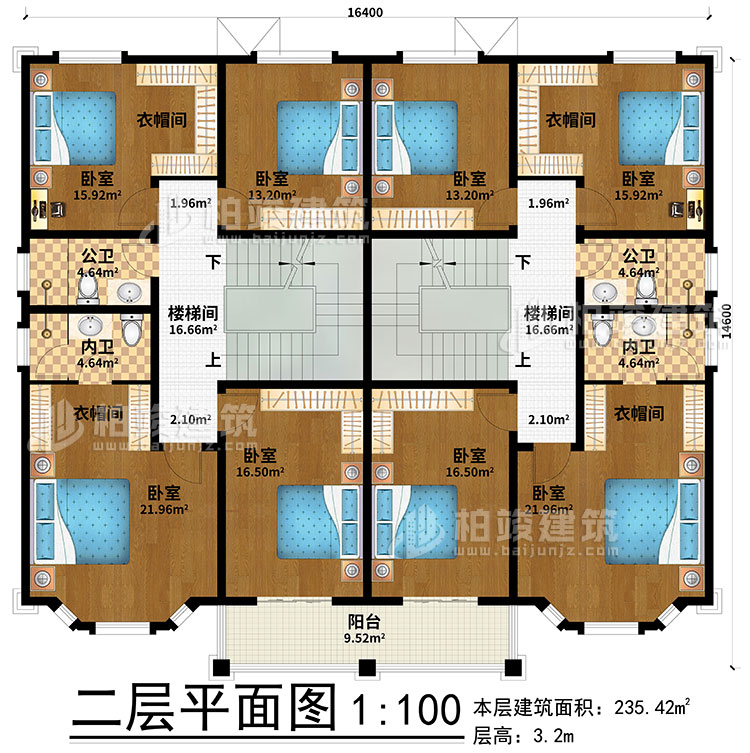 二层：2楼梯间、8卧室、4衣帽间、2公卫、2内卫、阳台