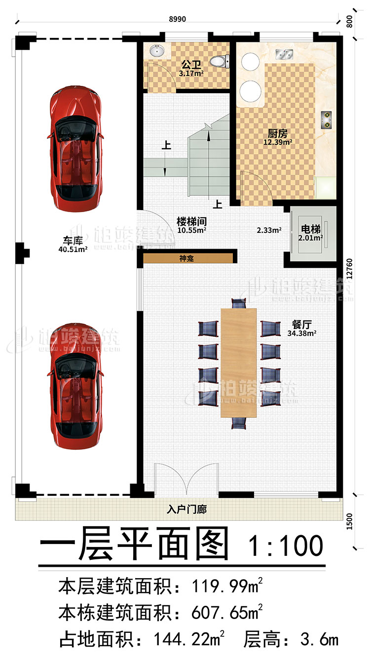 一层：入户门廊、楼梯间、电梯、餐厅、厨房、车库、公卫