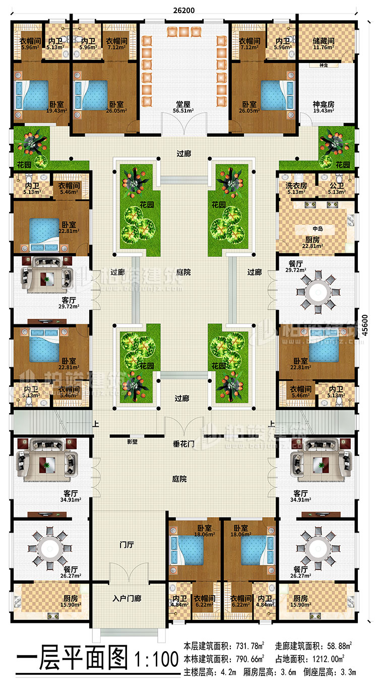 一层：入户门廊、门厅、3餐厅、3厨房、3客厅、堂屋、神龛、神龛房、储物间、6花园、4过廊、2庭院、影壁、垂花门、中岛、洗衣房、公卫、8卧室、8衣帽间、8内卫
