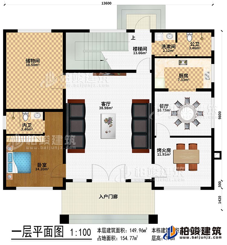 一层：入户门廊、客厅、楼梯间、储物间、厨房、餐厅、烤火房、公卫、洗漱间、卧室、内卫