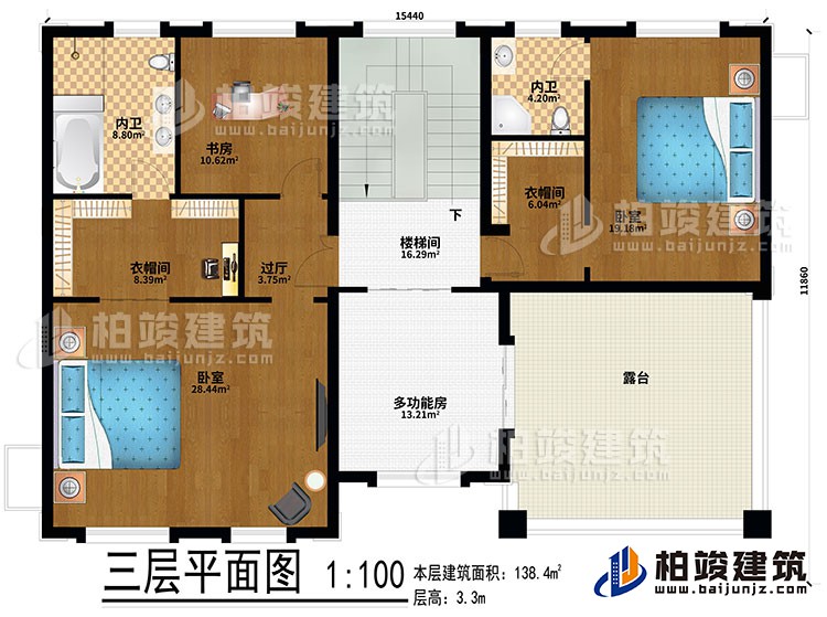三层：2卧室、2衣帽间、过厅、书房、2内卫、多功能房、楼梯间、露台
