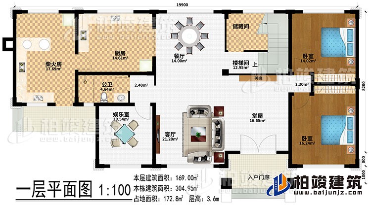 一层：入户门廊、堂屋、神龛、客厅、餐厅、厨房、柴火房、储藏间、2卧室、公卫、娱乐室、楼梯间