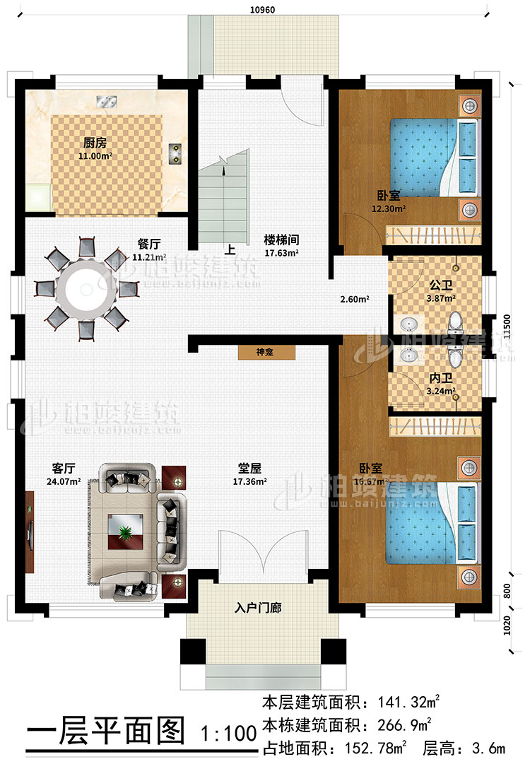 一层：入户门廊、堂屋、神龛、客厅、餐厅、厨房、楼梯间、卧室、公卫、内卫