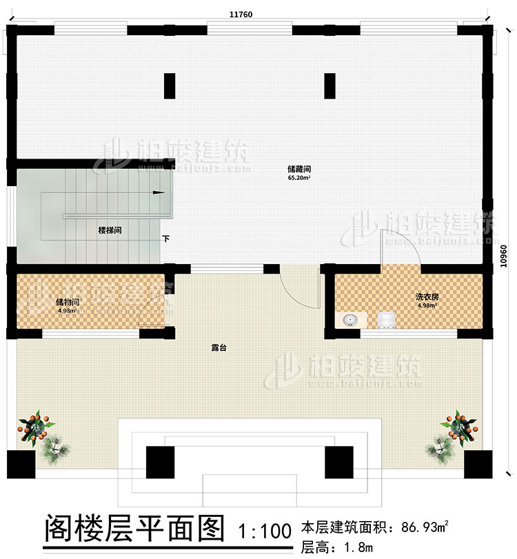阁楼：2储物间、楼梯间、洗衣房、露台