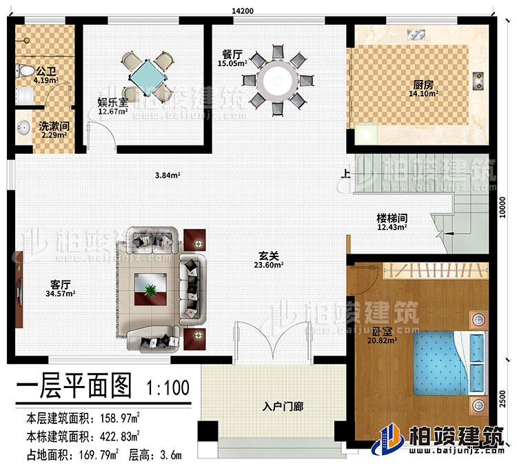 一层：入户门廊、玄关、客厅、餐厅、厨房、娱乐室、楼梯间、卧室、洗漱间、公卫