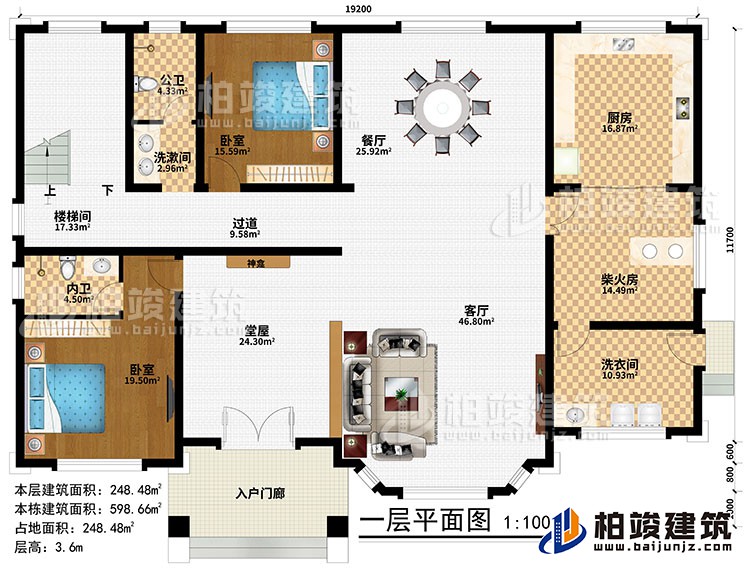 一层：入户门廊、堂屋、神龛、客厅、餐厅、厨房、柴火房、2卧室、洗漱间、洗衣间、公卫、内卫、过道、楼梯间