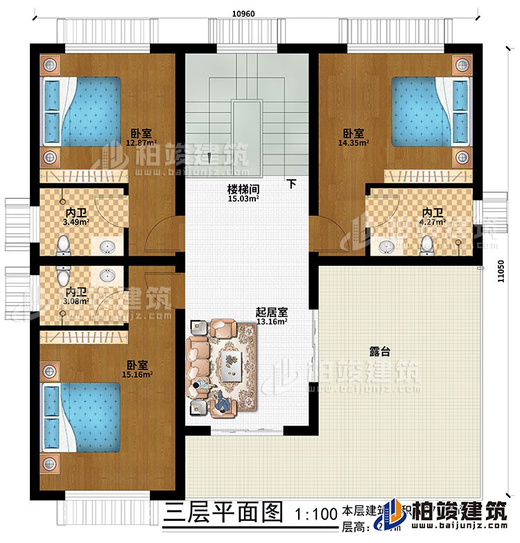 三层：起居室、楼梯间、3卧室、3内卫、露台