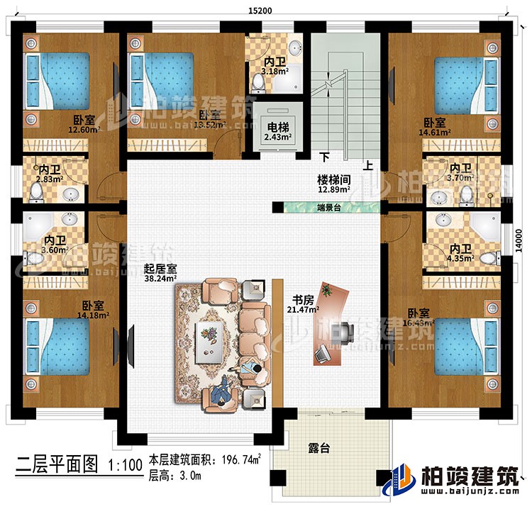 二层：楼梯间、端景台、起居室、书房、5卧室、电梯、5内卫、露台