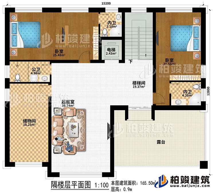 阁楼：2卧室、电梯、楼梯间、起居室、储物间、公卫、2内卫、露台