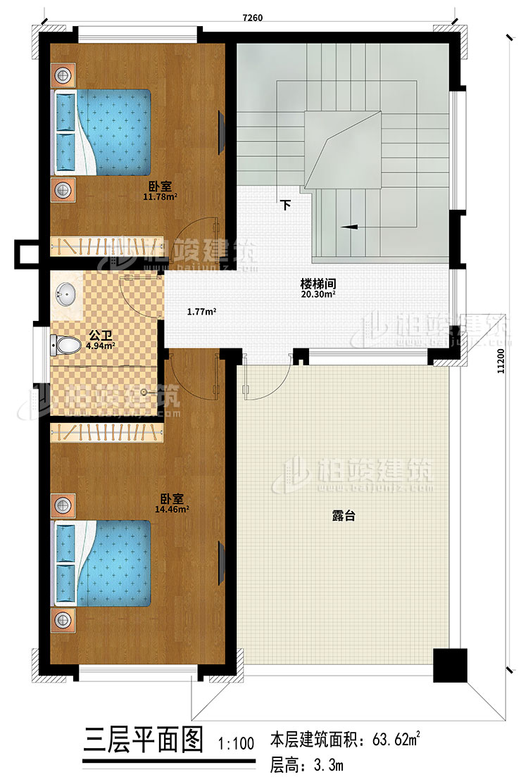 三层：2卧室、楼梯间、公卫、露台