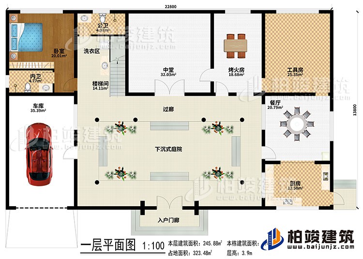 一层：入户门廊、下沉式庭院、楼梯间、洗衣区、中堂、烤火房、工具房、餐厅、厨房、车库、卧室、内卫、过廊