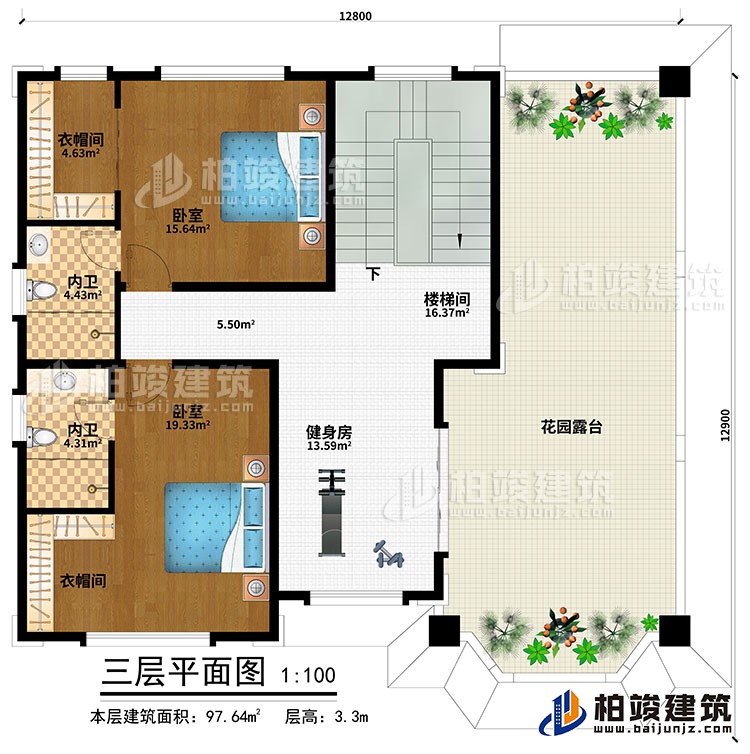 三层：健身房、楼梯间、2卧室、2衣帽间、2内卫、花园露台