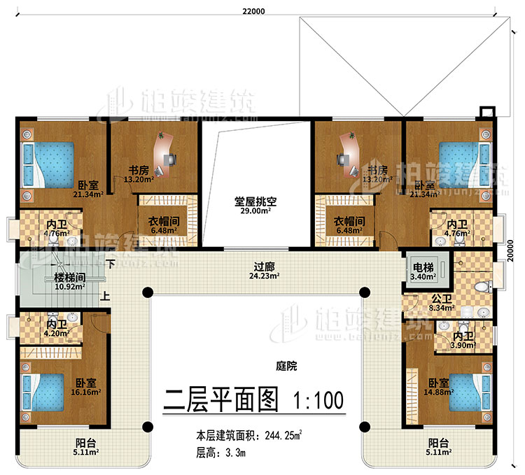 二层：堂屋挑空、过廊、楼梯间、电梯、4卧室、2衣帽间、2书房、4内卫、公卫、2阳台