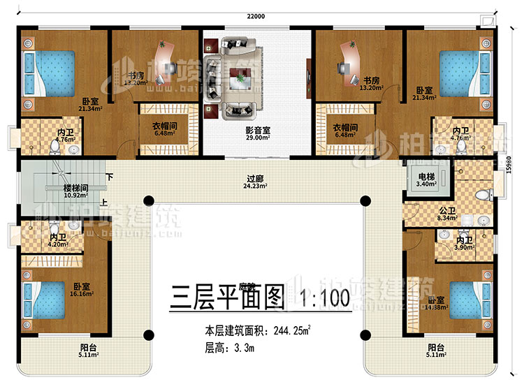 三层：影音室、过廊、楼梯间、电梯、4卧室、2衣帽间、2书房、4内卫、公卫、2阳台