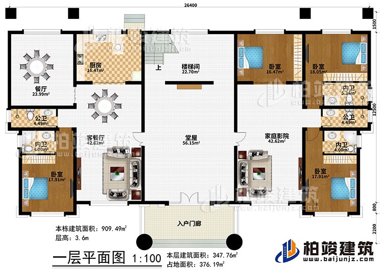 一层：入户门廊、堂屋、客餐厅、餐厅、厨房、楼梯间、4卧室、2公卫、3内卫、家庭影院