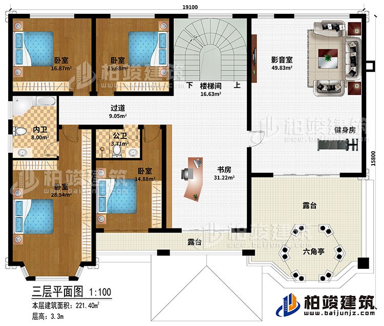 三层：楼梯间、书房、过道、4卧室、公卫、内卫、影音室、健身房、2露台、六角亭