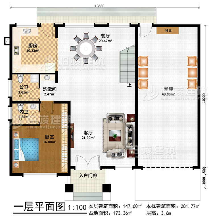 一层：入户门廊、堂屋、神龛、餐厅、厨房、卧室、洗漱间、公卫、内卫