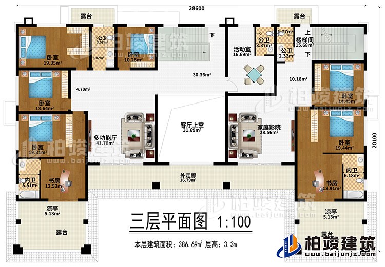 三层：多功能厅、客厅上空、家庭影院、6卧室、2书房、活动室、3公卫、2内卫、4露台、2凉亭、外走廊、楼梯间