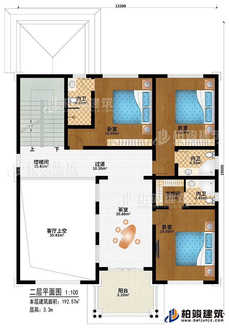 二层：楼梯间、3卧室、过道、茶室、客厅上空、衣帽间、3内卫、阳台