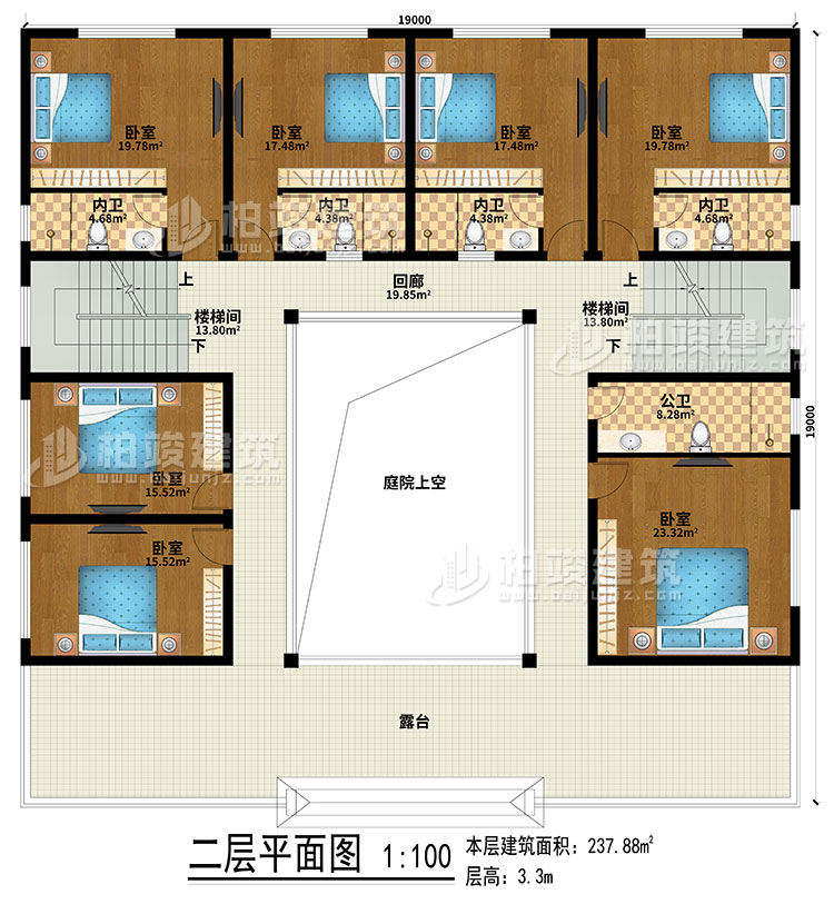 二层：回廊、露台、庭院上空、2楼梯间、7卧室、4内卫、公卫