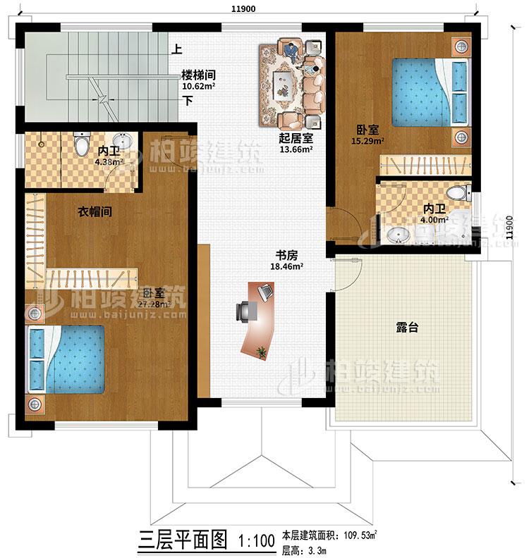 三层：2卧室、起居室、楼梯间、衣帽间、书房、2内卫、露台