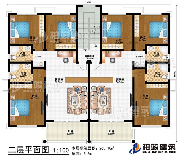 二层：2起居室、楼梯间、6卧室、2公卫、2内卫、2阳台